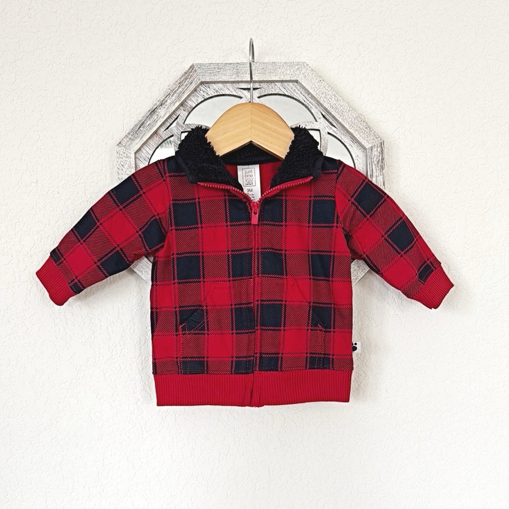 Carter's • Red and Black Buffalo Plaid Cotton Fleece Zip Up Pocketed Sweatshirt